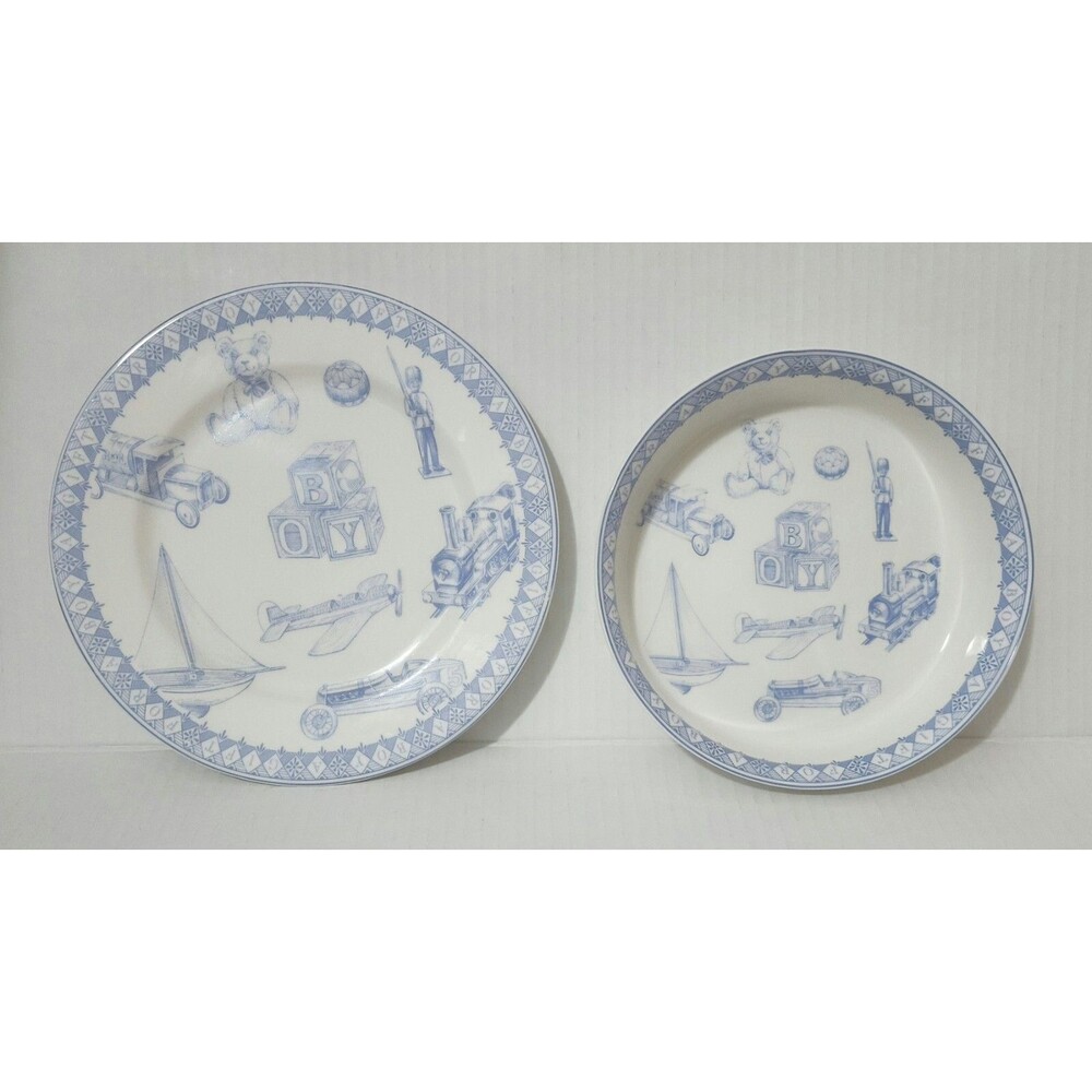 Queen's Porcelain Plate and Bowl Set for Boys White Blue Boys' Toys Pattern - Picture 2 of 6